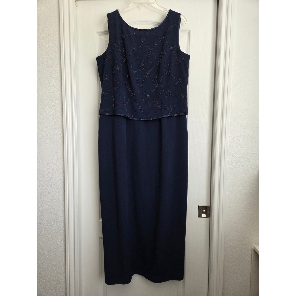 Marcelle Couture Beaded‎ Sleeveless Evening Gown Navy Blue 18 Formal Wedding